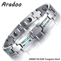 ARADOO Tungsten Steel Bracelet Pure Tungsten Inlaid Abalone Shell Hematite Men‘s Link Bracelets