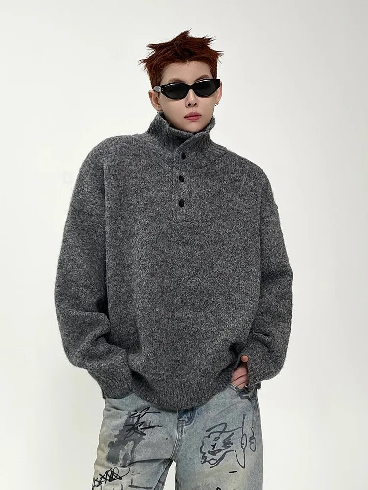 

Warm Heavyweight 800g Autumn Winter High Ne Men's Knitted Sweater Trendy Loose Versatile Couple's Long Sve Button up Top