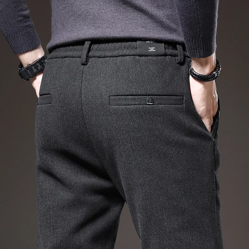 Brand Autumn Winter Brushed Fabric Casual Pants Men Thick Business Work Slim Cotton Black Grey Trousers Male Plus Size 38