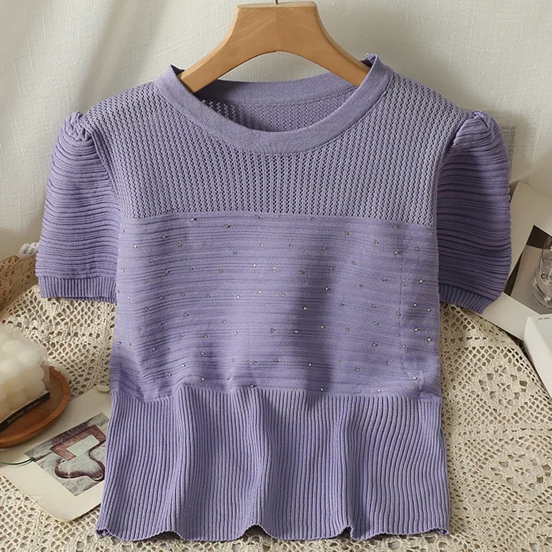 Abrini Women Summer Purple Striped T-shirts Puff Sleeve Sweet Tops O-Neck Basic Causal Tee Office Shirt Blouse Spring