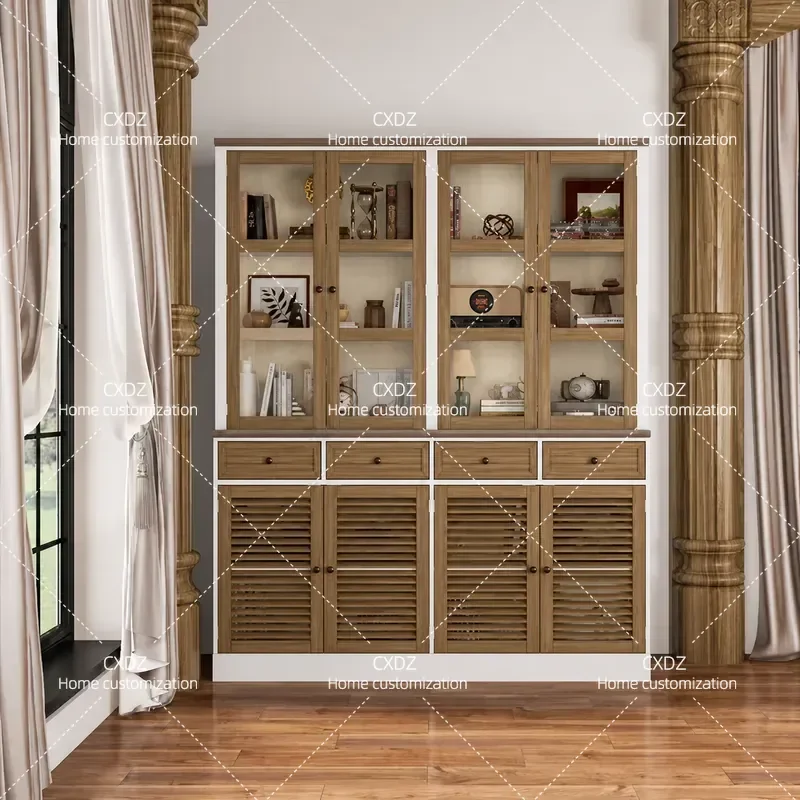 Antique Solid Wood Display Cabinet with Shutter Doors Storage Unit for Villa Model Room Living Room Decorative Furniture
