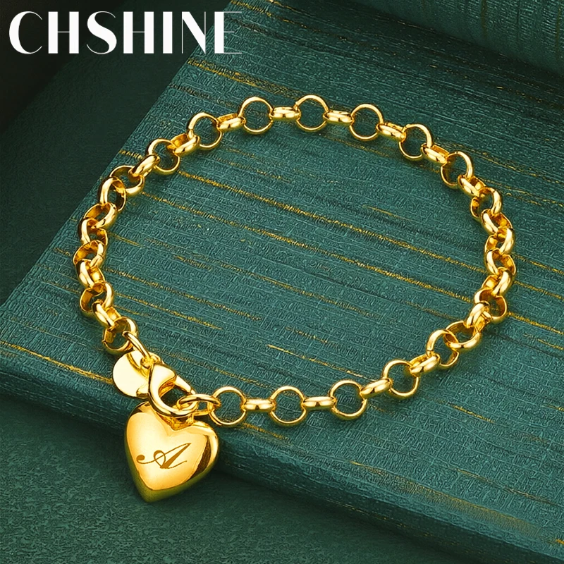 925 Sterling Silver 18K Gold  Rolo Chain Bracelet Engraved 26 Letter Heart Charm Women Personalized Fashion Jewelry Gift