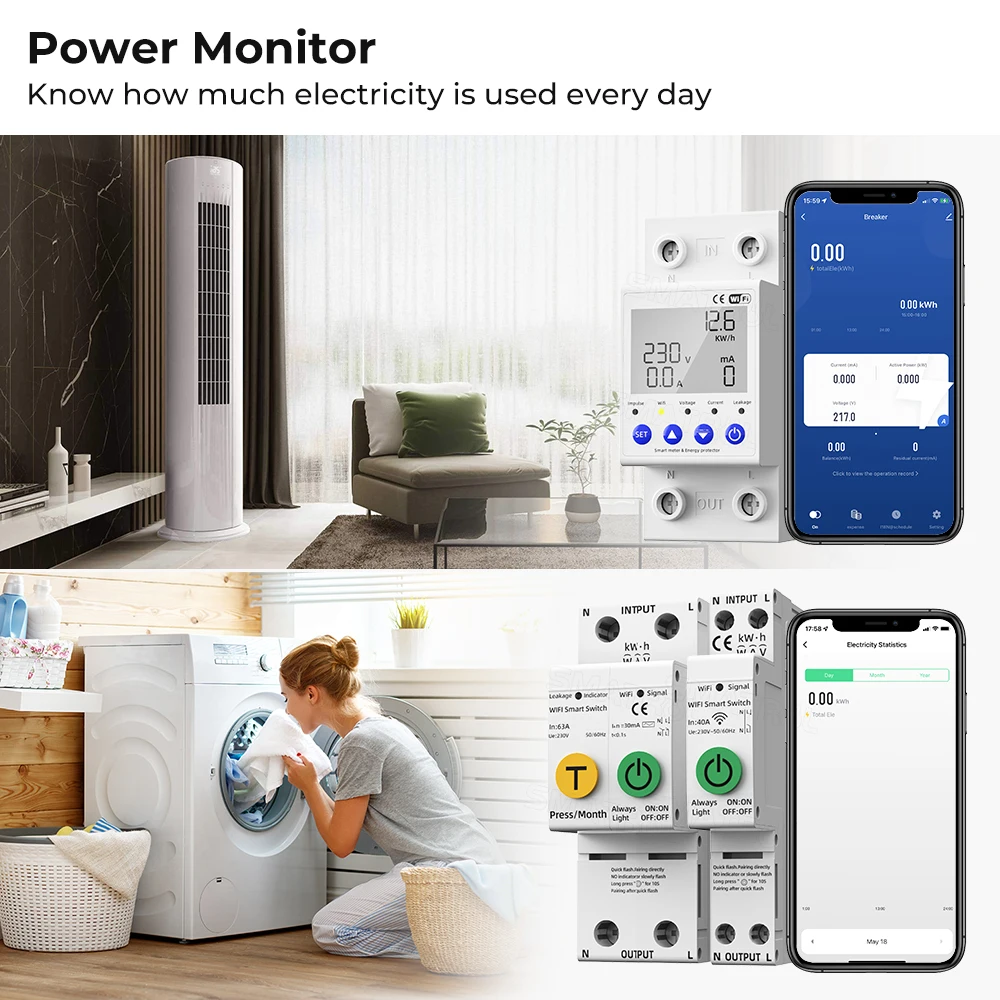 Tuya WIFI Smart Switch 40/63A Energy Meter Kwh Metering Circuit Breaker Timer With Voltage Current And Leakage Protection