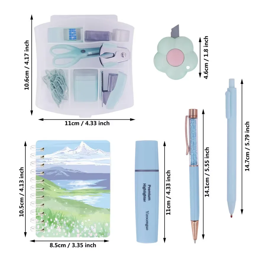 Mini office kit includes stapler, tape dispenser stapler, paper clips, scissors, staples, pens, notebook small retractable knife