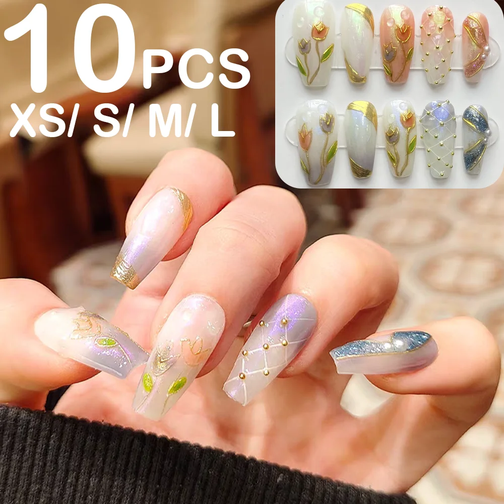 

10Pcs Stereoscopic Handmade Press On Nails Fresh Tulip With Evening Glow Long Coffin Fake Nails Detachable