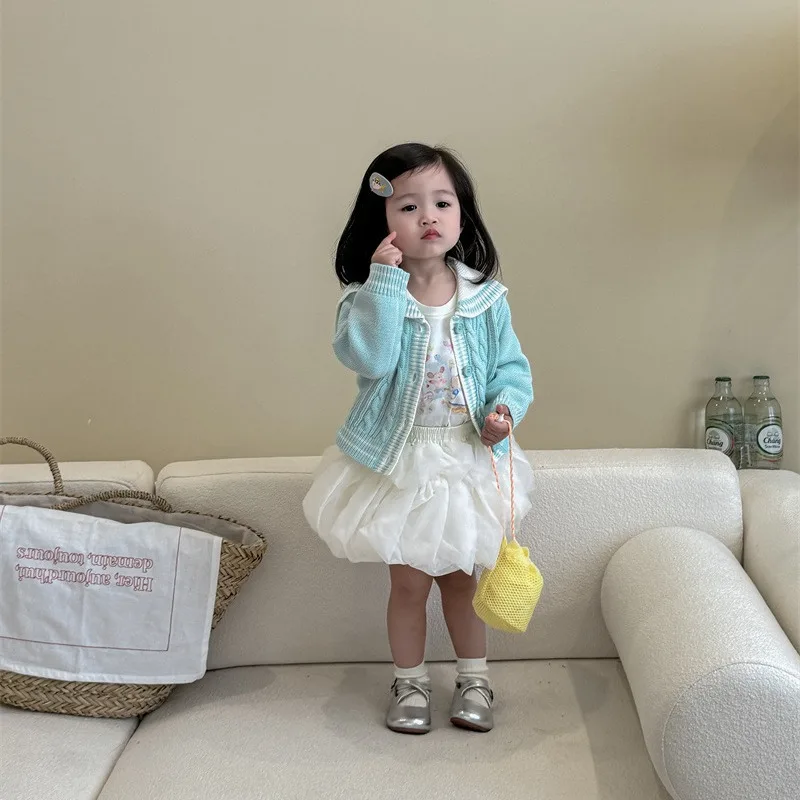 Girls Skirts 2024 Autumn New Childrens Clothes Korean Style Girls Sweet Foreign Style Pengpeng Gauze Skirt Tide Leisure Simple