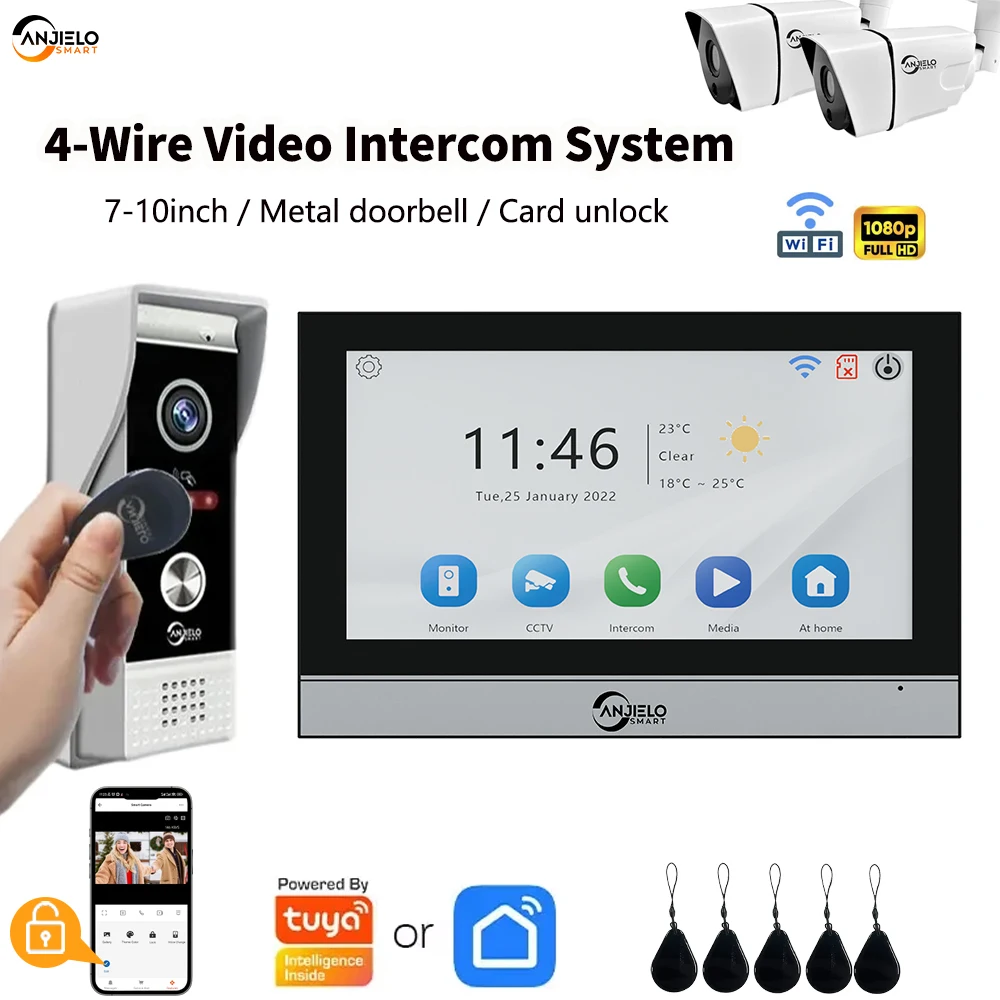 

ANJIELO 4-Wire 1080PSmart Home SystemTuyaEnabled Video Intercom Doorbell7/10-inch with Remote Unlocking Motion Detection Support