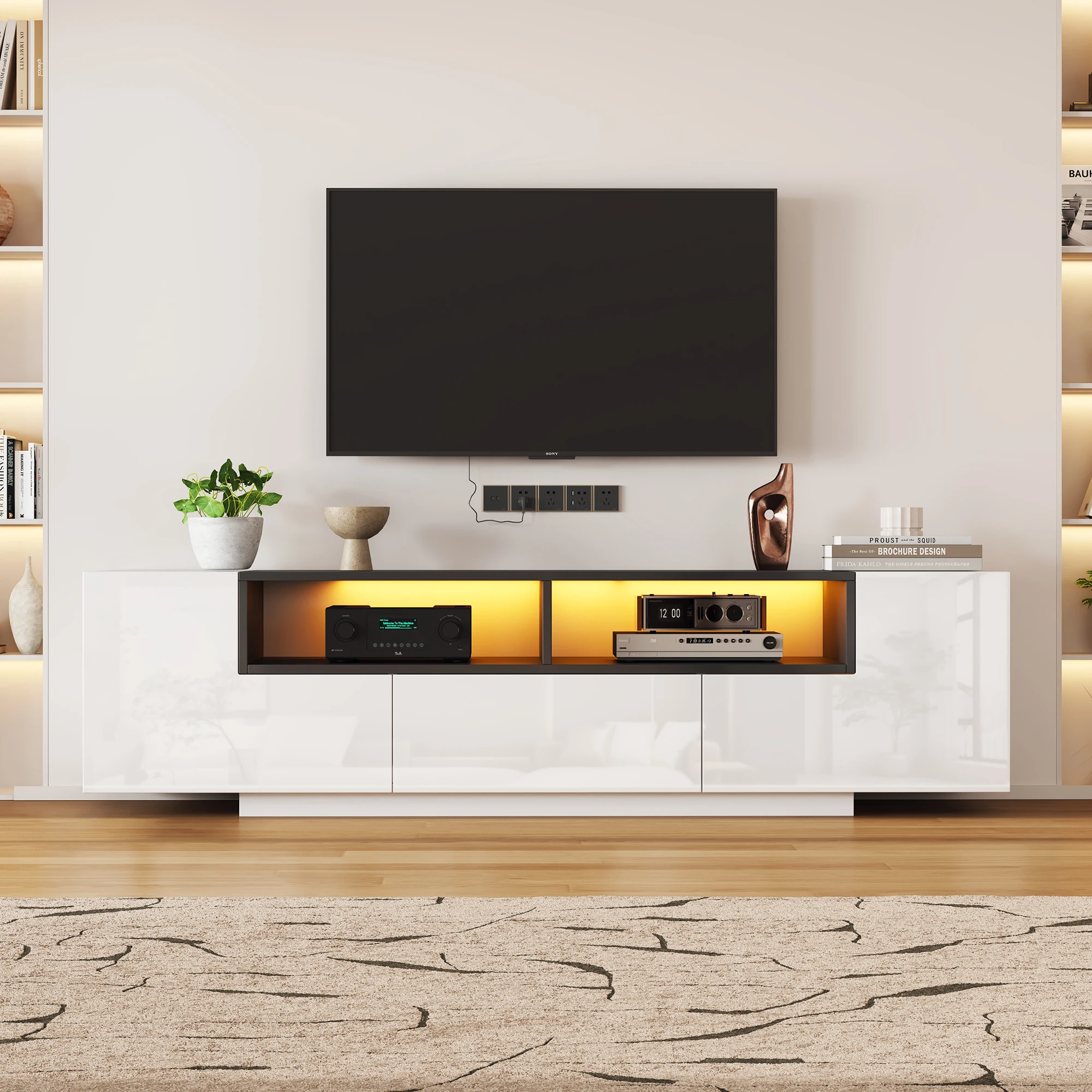 Mueble de TV vertical con placa baja y luz LED, mueble de TV en forma de L con cajones, mueble de TV para sala de estar, mueble de TV blanco de alto brillo, adecuado para TV de 75 pulgadas, 180*40*48cm, blanco + negro