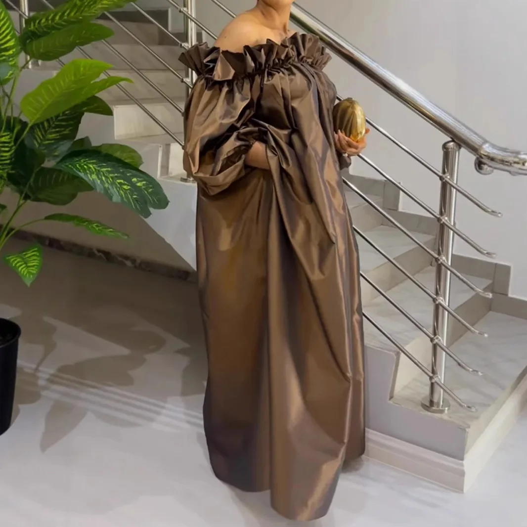 2025 otoño nuevo un hombro satén Sheen Slim Fit vestido de noche largo mujeres marrón estilo elegante