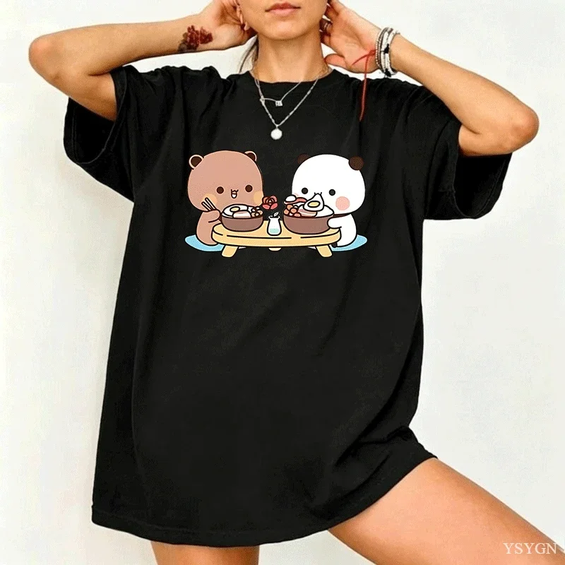 Women Cute Cartoon Bear Panda Dining Graphic T Shirt Loose Short Sleeve Animal Print Streetwear Tops for Ladies Daily Outfit