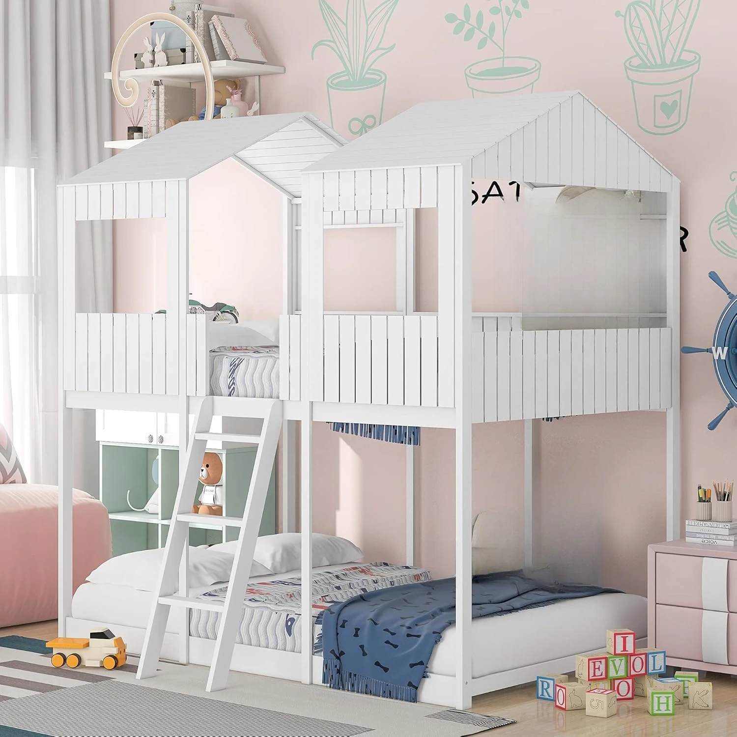 

Двухъярусная кровать-домик с крышей и окном, деревянный каркас с защитными бортиками и лестницей для мальчиков, на заказ