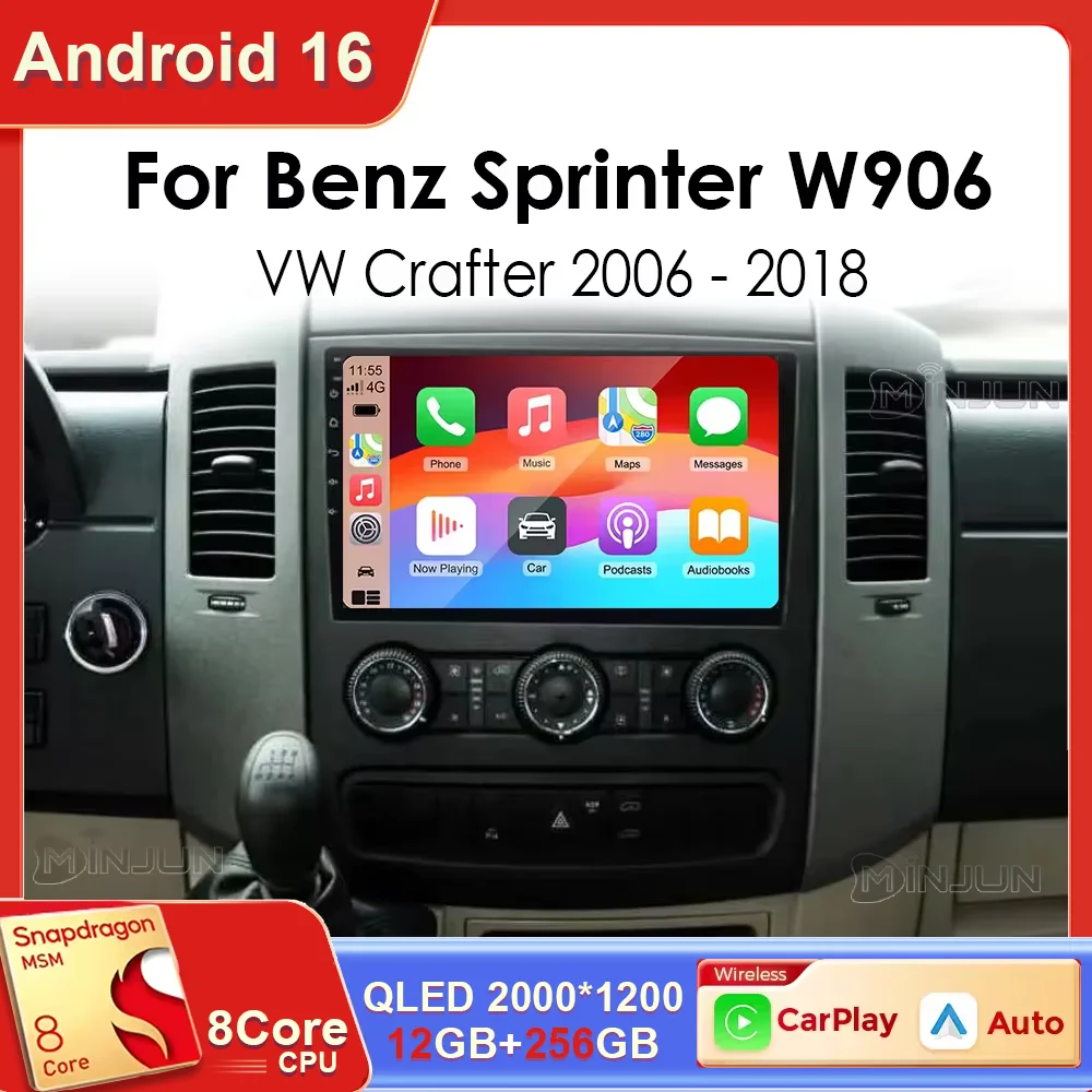 Radio para Auto Android 16 con Pantalla QLED 2K, Navegación, Carplay Inalámbrico para Mercedes-Benz Sprinter W906 VW Crafter 2006-2018