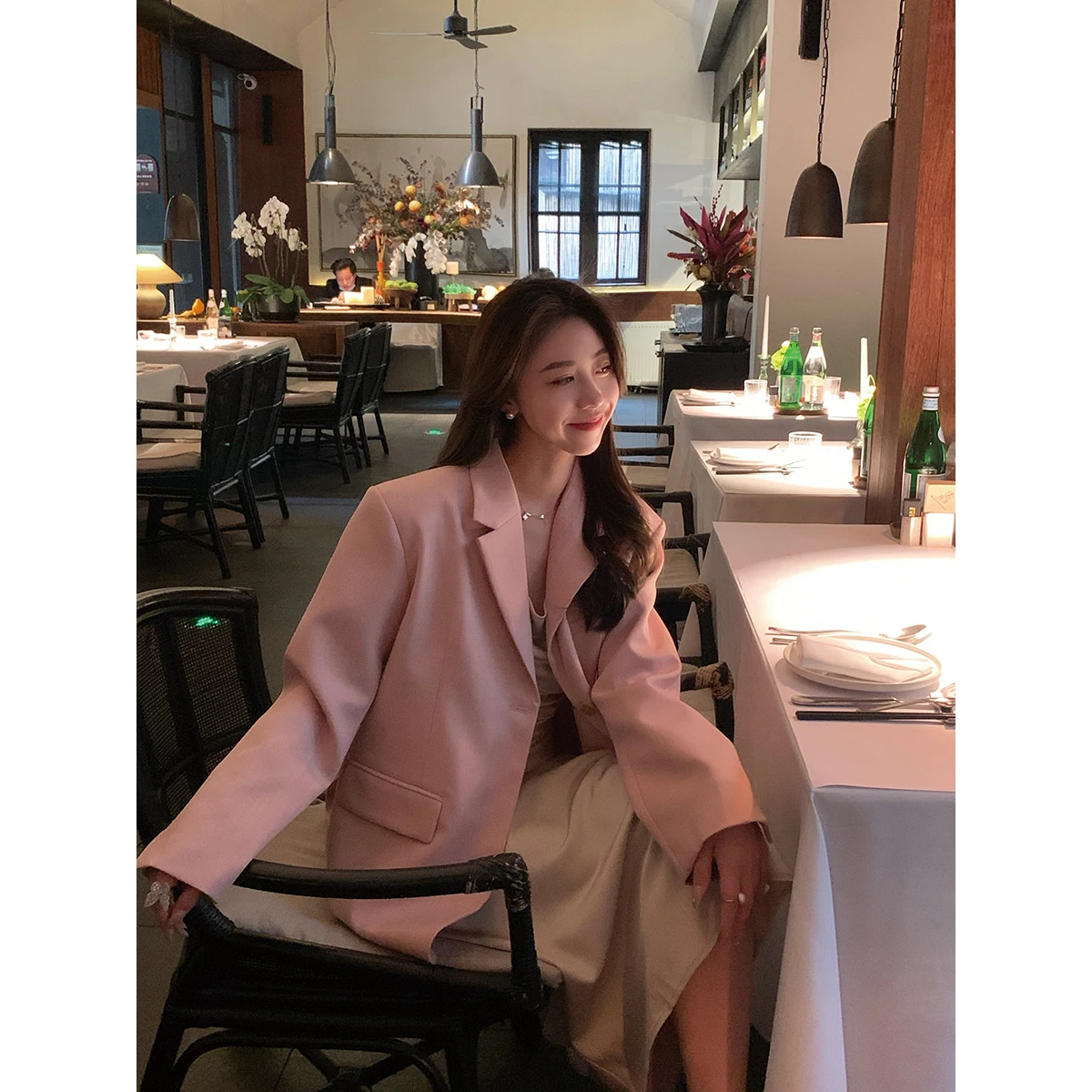 

Loose oulder Wide Tailored Women's Suiting Classic Two-Tone Casual Commute Sle Polyester Fiber Long Sve V-Ne