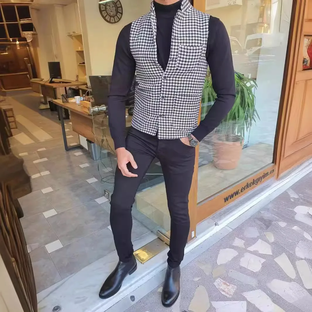 

CA1071 European and American foreign trade houndstooth men's stand-up collar groom suit vest single-breasted waistcoat vest