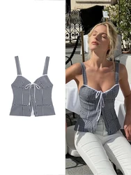 TRAFZA Women's Summer Fashion Bow Tie Bow Decoration Tank Top Sweet Stripe Slim Corset Cami Top Vintage Chic Sexy Girls' Tops