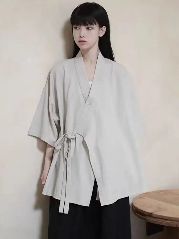 

Oversized Kimono Cardigan Men's New Vintage Wrap Tie Front Blouse Short Sleeve Loose Fit Asian Streetwear Summer Shirt Womens