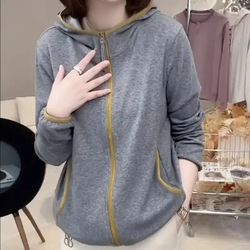 Sudadera con capucha y cremallera para mujer, informal, holgada, de Color sólido, con bolsillo y detalles de ribete rosa, para primavera y otoño