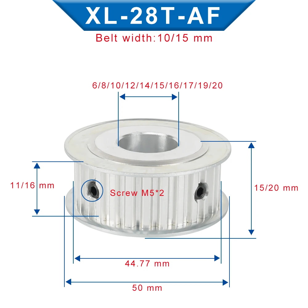 XL 28T Belt Pulley Trapezoidal Tooth Bore 6/8/10/12/14/15/17/19/20 mm Alloy Pulley Wheel Teeth Pitch 5.08 mm Belt Width 10/15 mm