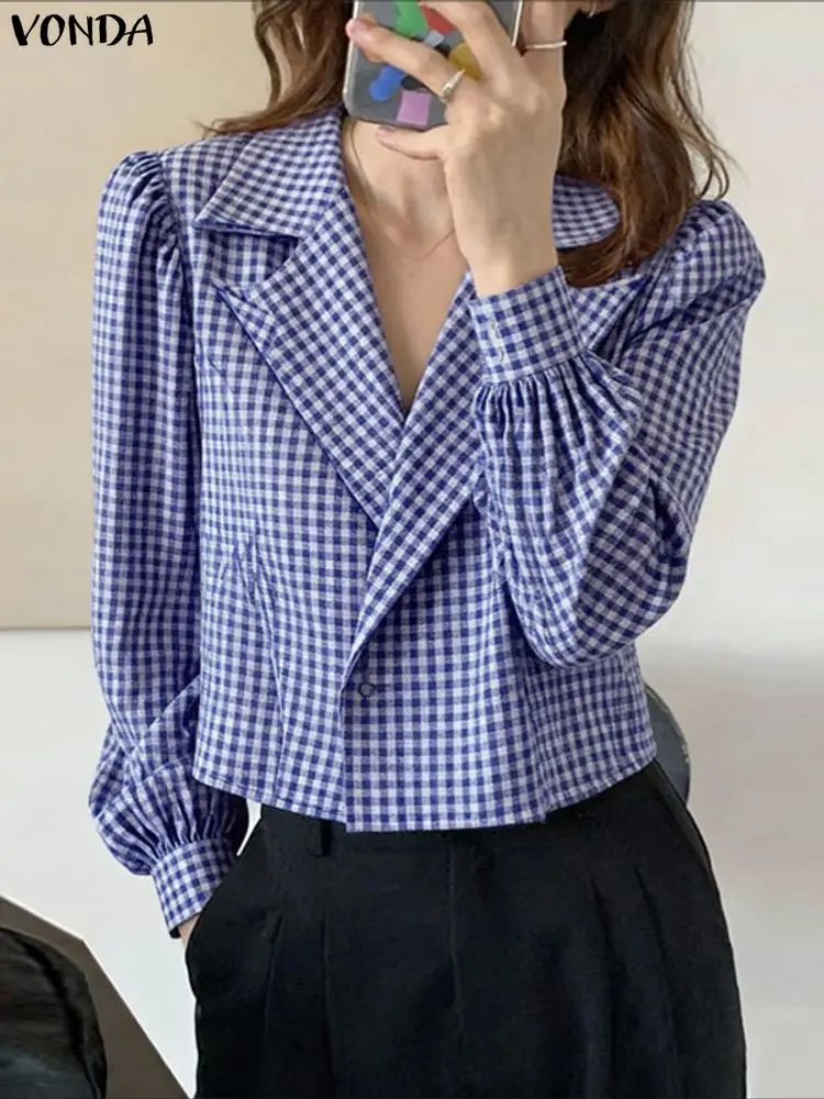 VONDA, camisas elegantes a la moda para oficina para mujer, blusa a cuadros de manga larga para mujer, Blusas informales holgadas con estampado Vintage para otoño 2025, Tops para mujer