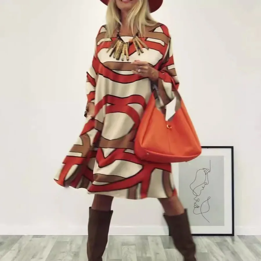 

【New style】Autumn new style Europe and America - round collar long-sleeved design printed dress for women
