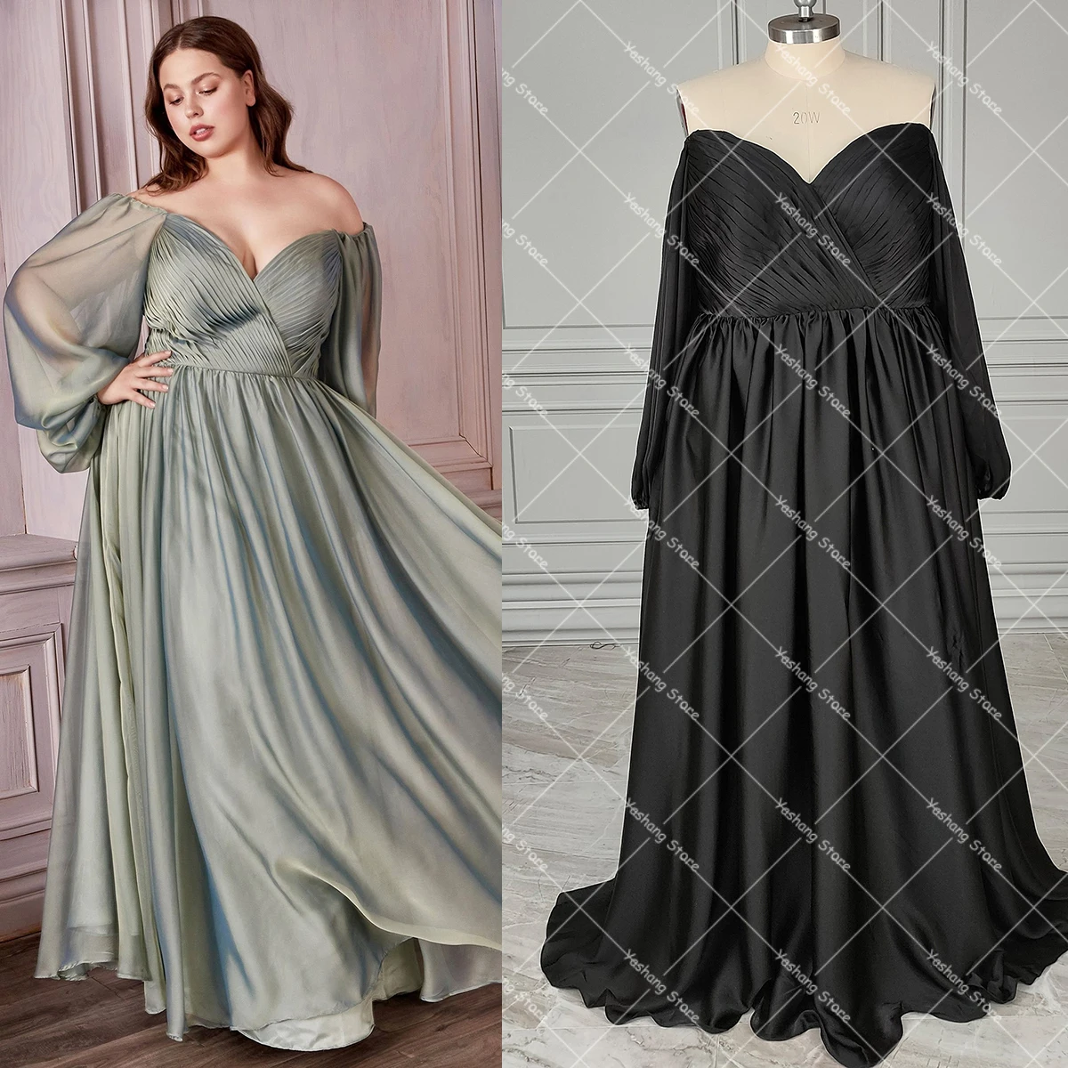 Long Bishop Sleeve Ruching Chiffon Evening Dress Off the Shoulder Sweetheart Pleated Skirt Flowy Chiffon Formal Bridesmaid Gown