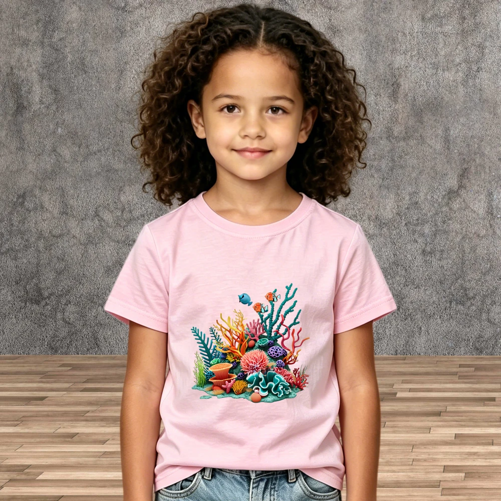 Kids Ocean Creature T-Shirt Summer Boys Girls Vibrant Coral Reef Print Short Sleeve Tees