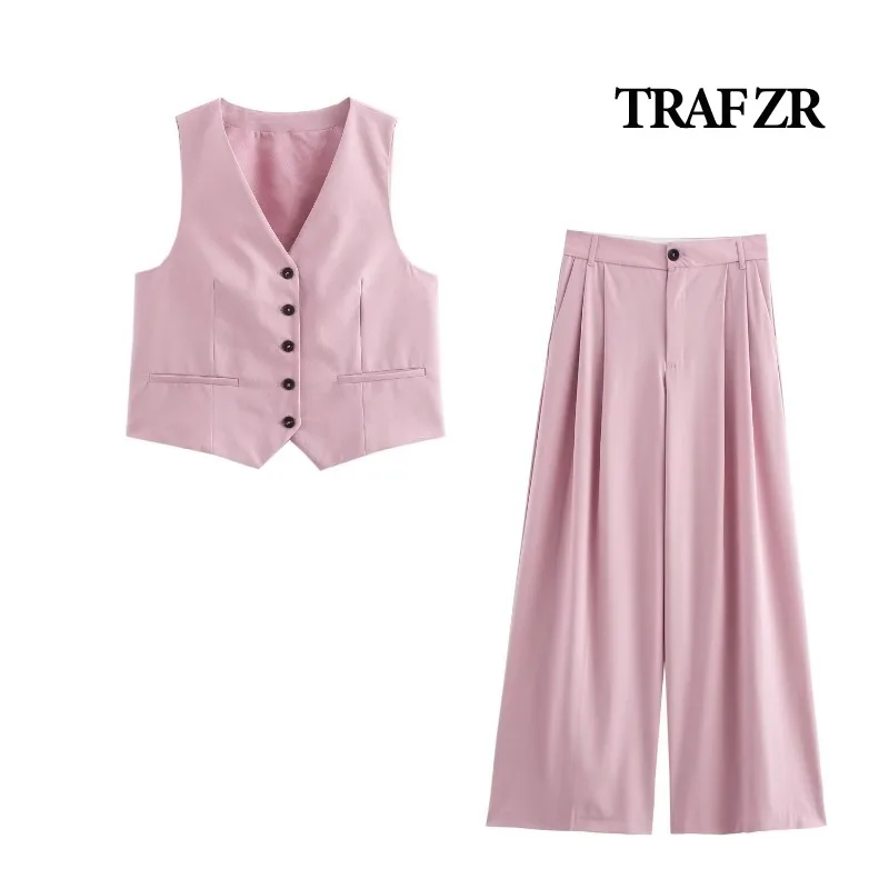 TRAF ZR Vest Set Woman 2 Pieces Chic and Elegant Vacation Outfits Woman 2024 Vintage Solid Pants Set Summer Minimalist Sets