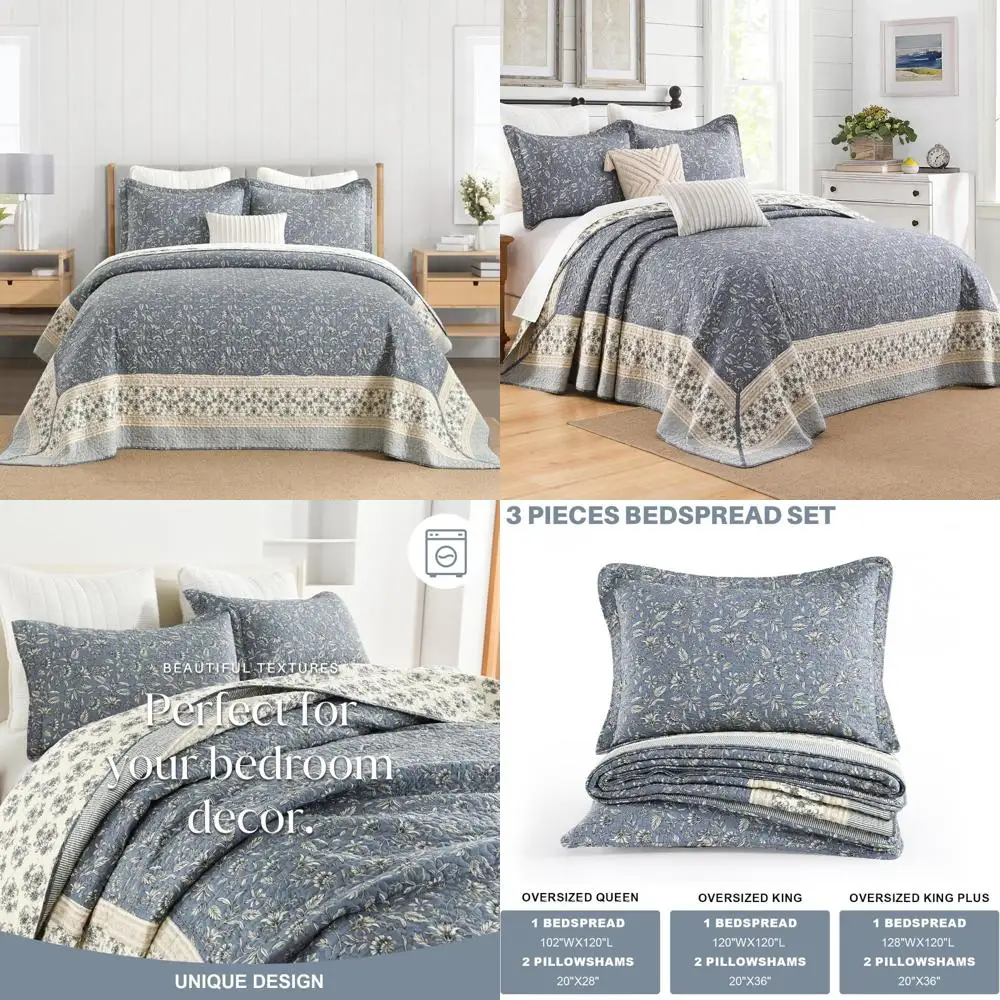 

Cotton Oversized Quilt - 128x120 Inches, Extra Large Cal King Size, Farmhouse Style Botanical Bedspread, Lightweight Coverlet