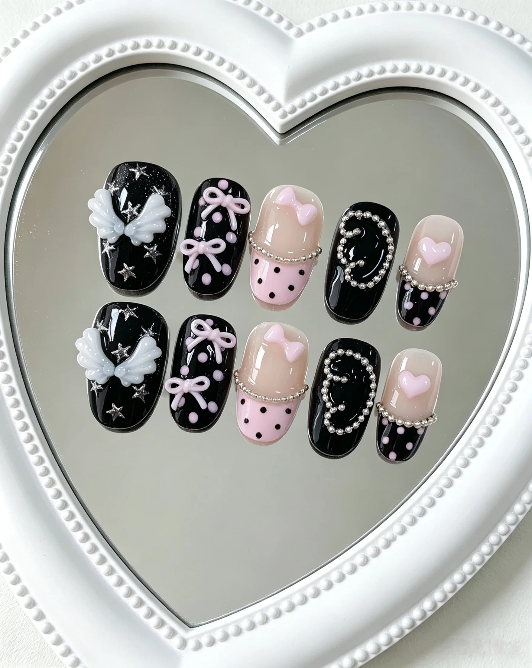 10-Piece Set of Sweet and Cool Angel Bow Short Oval Y2K Press-On Nails Suitable for Everyday Campus Wear, Hot Girl Dates, Store Visits, and Photoshoots with a Girly Vibe.
