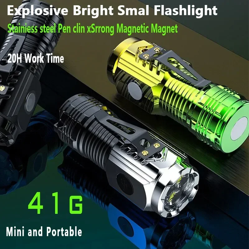 3LED Super Bright Flashlight Portable Mini Burst Flash Torch Rechargeable Outdoor Emergency Spotlight with Pen Clip Tail Magnet