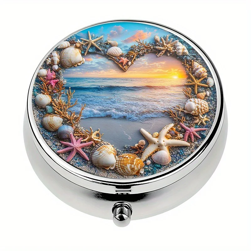 1 pill box with 3 compartments, ocean sunset shell theme, mini pill container, pill organizer, decorative vitamin storage box for use in or handbag