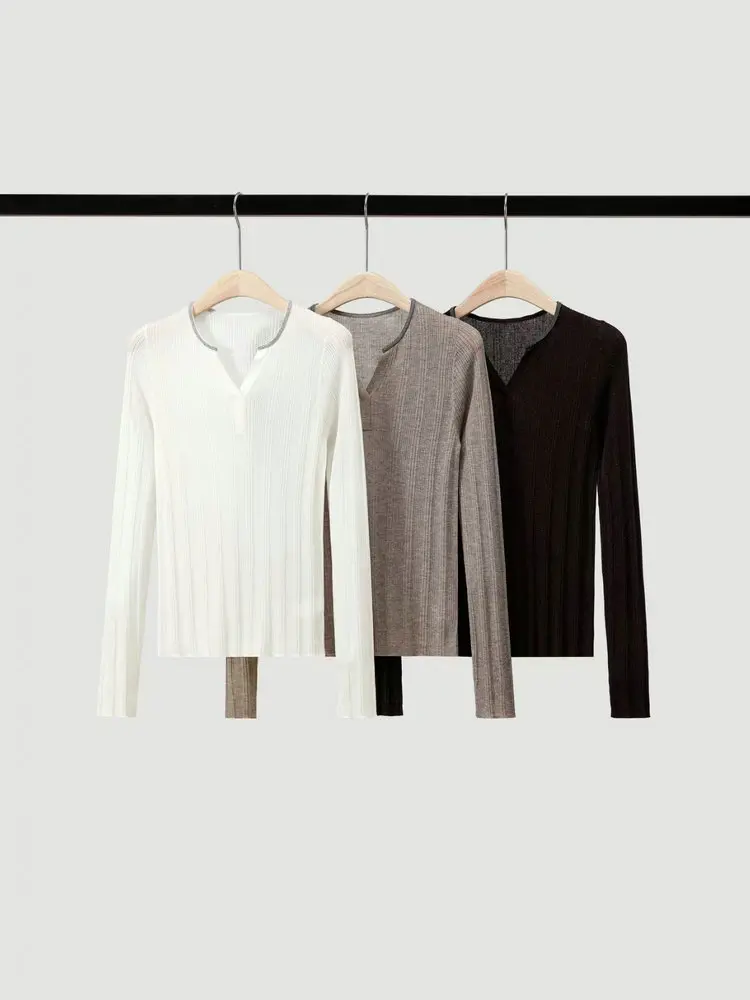 Women's V-Neck Long-Sleeve Knitted Sweater, Wool Blend Sparkle Top, Fall/Winter 2026