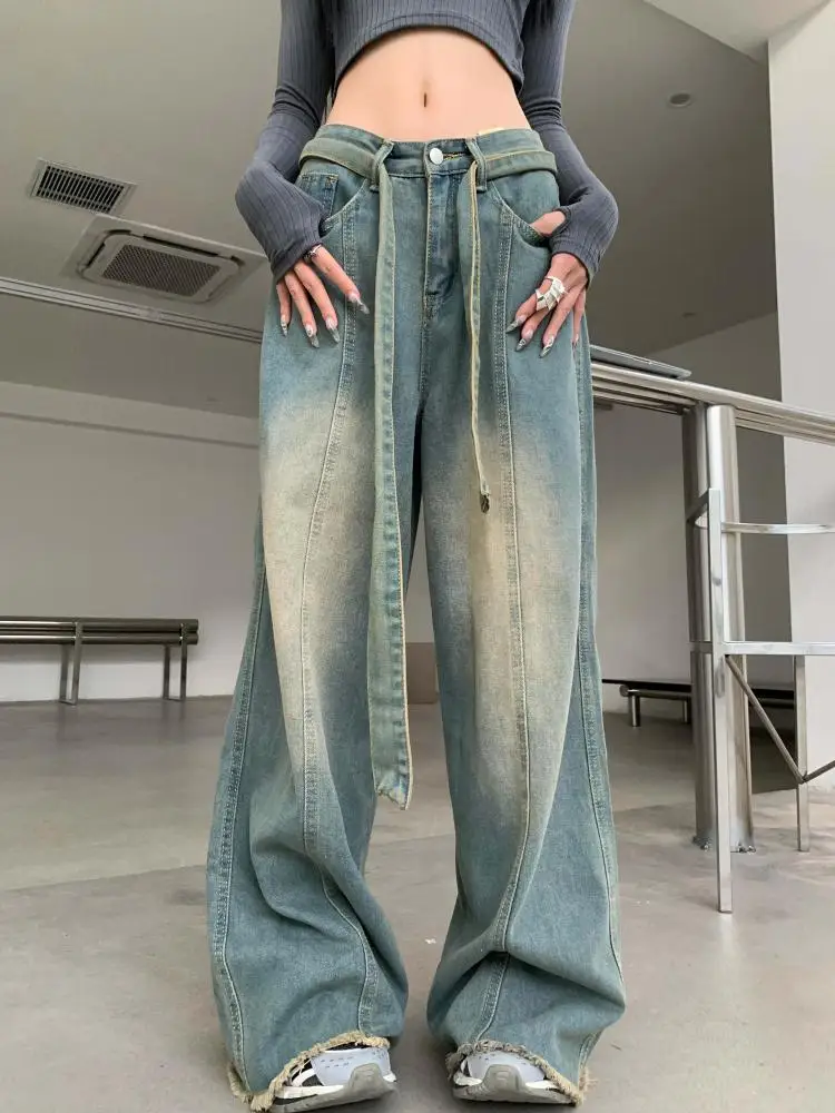 

Tawaaiw American Retro Baggy Denim Wide Leg Pants Mom Jeans Women With Belt Loose Boyfriend Jeans For Women 2023 Spring Summer