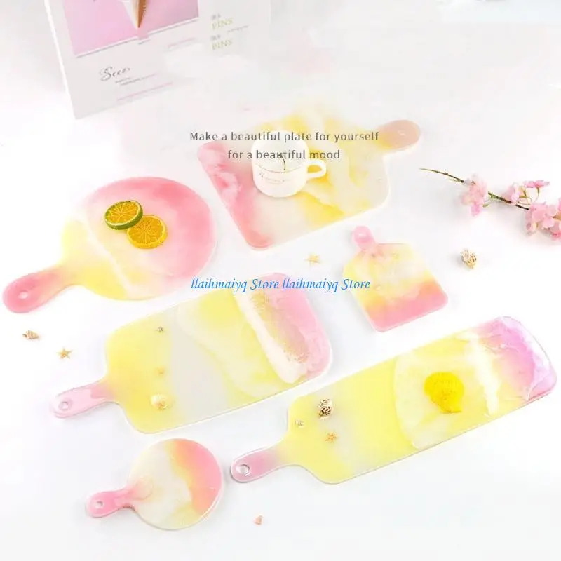 573B 4 Pcs Thick Resin Tray Molds DIY Large Serving Handle Board Silicone Molds