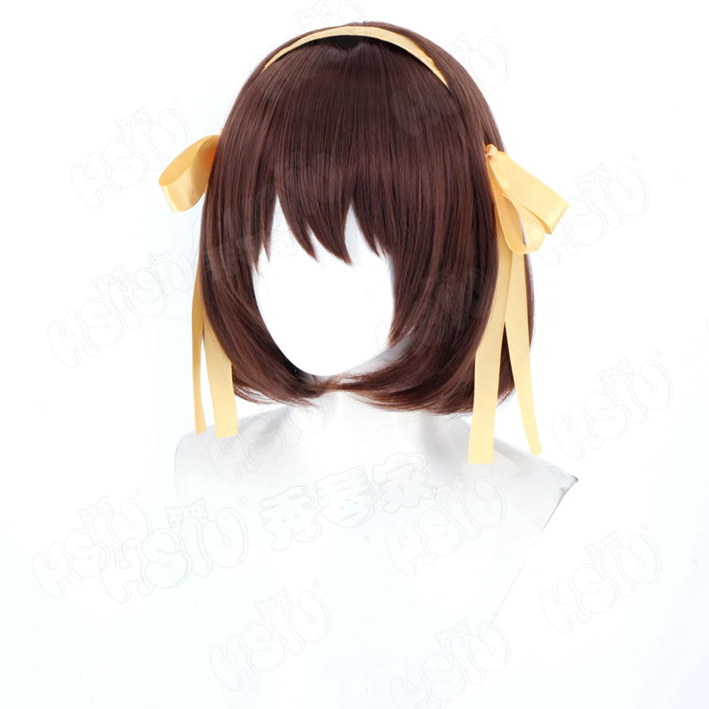 أنيمي Haruhi Suzumiya شعر مستعار تأثيري 35 سنتيمتر البني الداكن الشعر القصير شعر مستعار اصطناعي + غطاء شعر مستعار حفلة الهالوين شعر مستعار