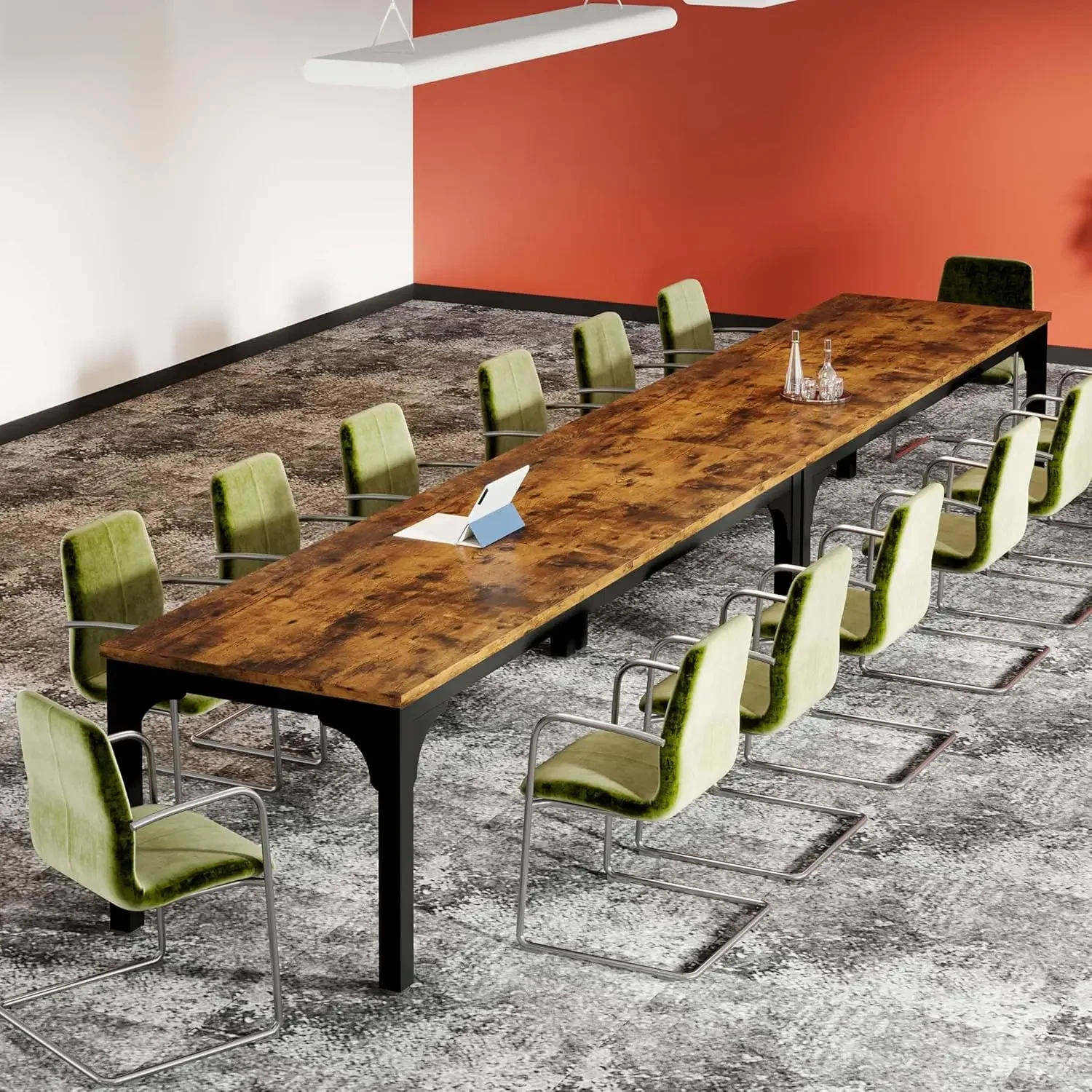 

13FT Conference Table, Super Sturdy Large Rectangle Meeting Seminar Table for 10-14 Person, Long Business Tables, 2 Pcs Brown