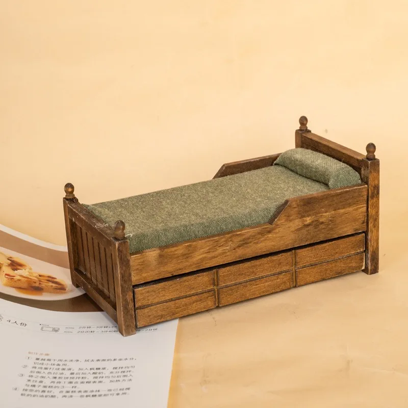 1:12 Dollhouse Wooden Drawer Single Bed Miniature Mini Furniture Modern Log Colour Bedroom Scene Decoration Home Decor Figurines
