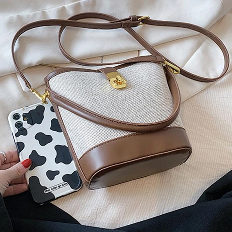 X7XC Fashionable Small Bucket Shoulder Bag Vintage PU Leather Color Splicing Crossbody Handbag Purse for Work and Shopping