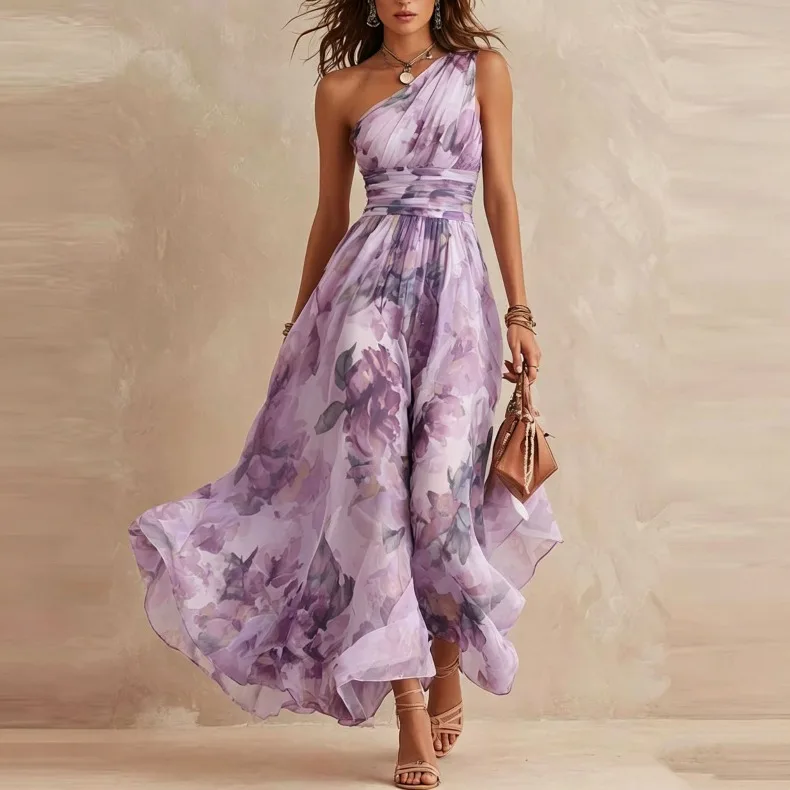Retro bedrucktes, schulterfreies, ärmelloses A-Linien-Kleid mit Taillenbund für tägliche Partys, Geburtstage, sexy, elegantes langes Damenkleid – Detail 4