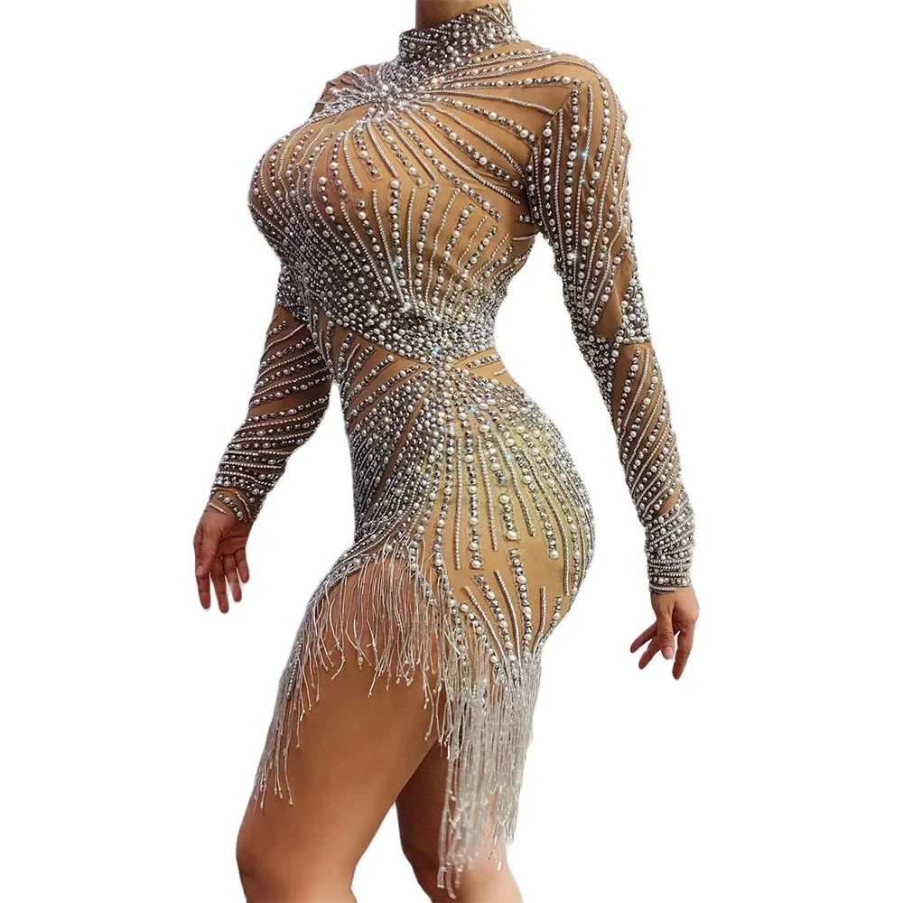 

Women Long Sleeves Nude Shining Rhinestones Tassel Sexy Split Dress For Jazz Latin Dance Stage Singer Costumes 2026 New