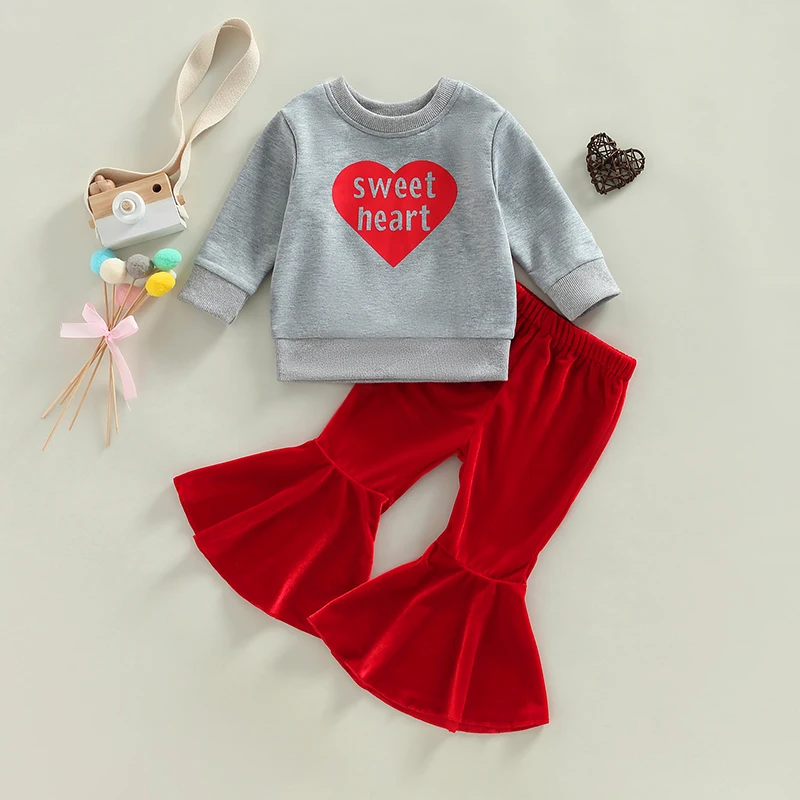 Girls Valentine s Day Outfit Heart Print Sweatshirt with Long Sleeves and Round Neck paired with Velvet Flare Pants in Solid