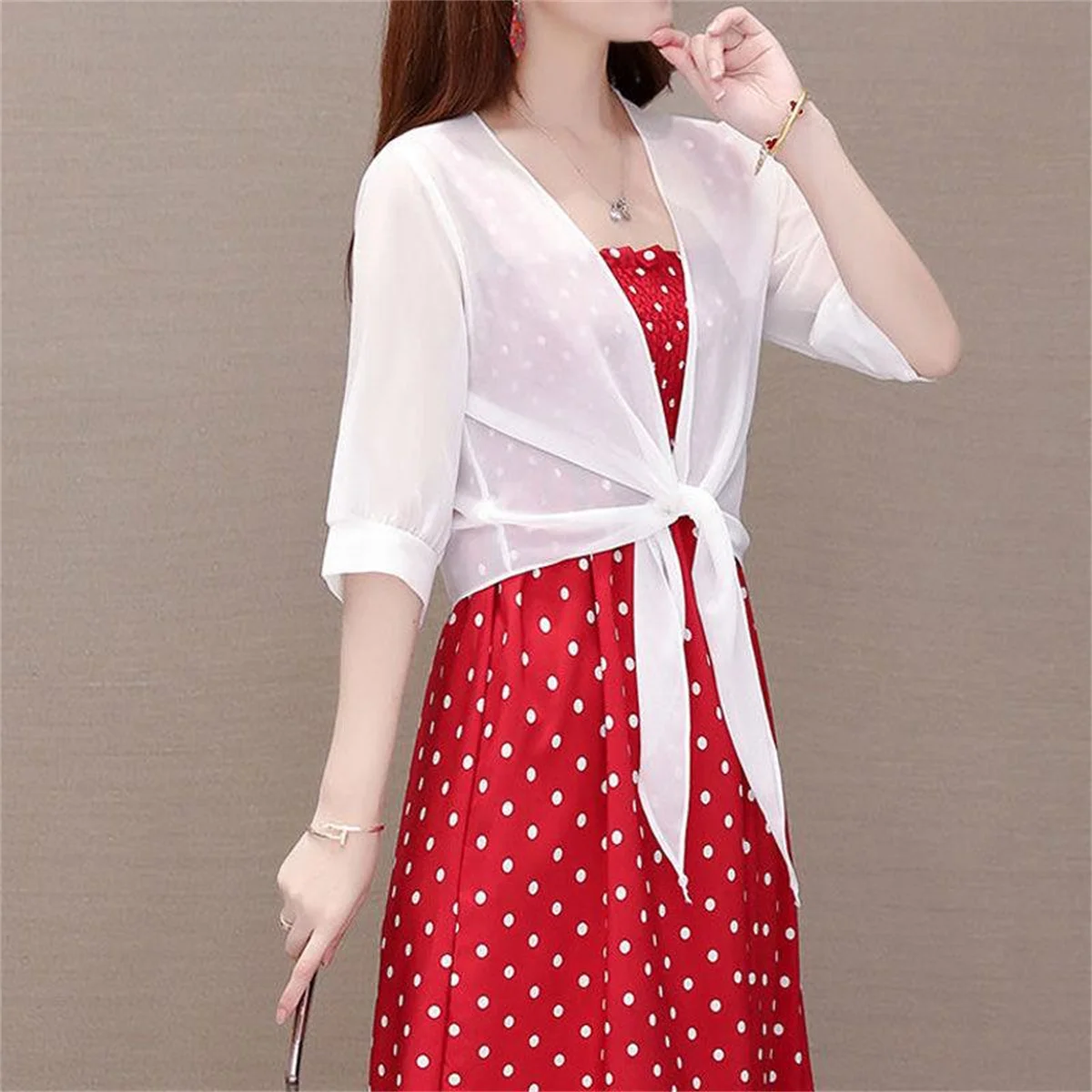 【Only Top】Fashion Thin Chiffon Cardigan Half Sleeve, Solid Color Sun Cape Thin Soft Fabric (No Dress)