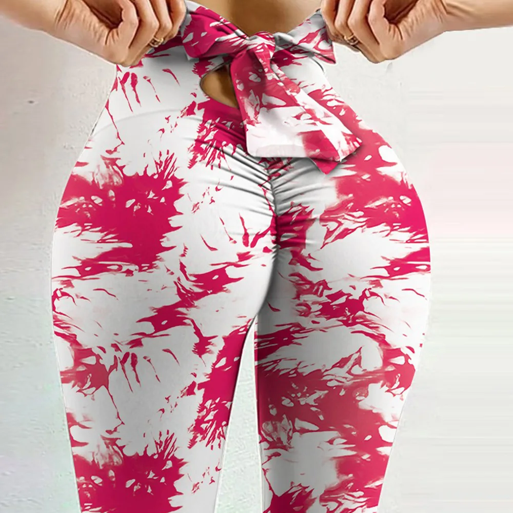 Peach-colored pleated dye yoga pants for women, high-waisted yoga attire, training, running, fitness, beautiful buttocks, quick-