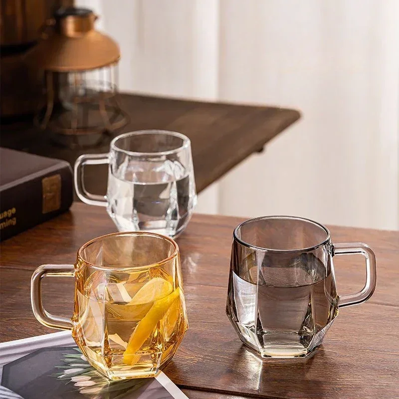 

280ml Solid Color Top Diamond Design Household High Beauty Glass Cup with Handle Set Living Room Hospitality Tea Mug