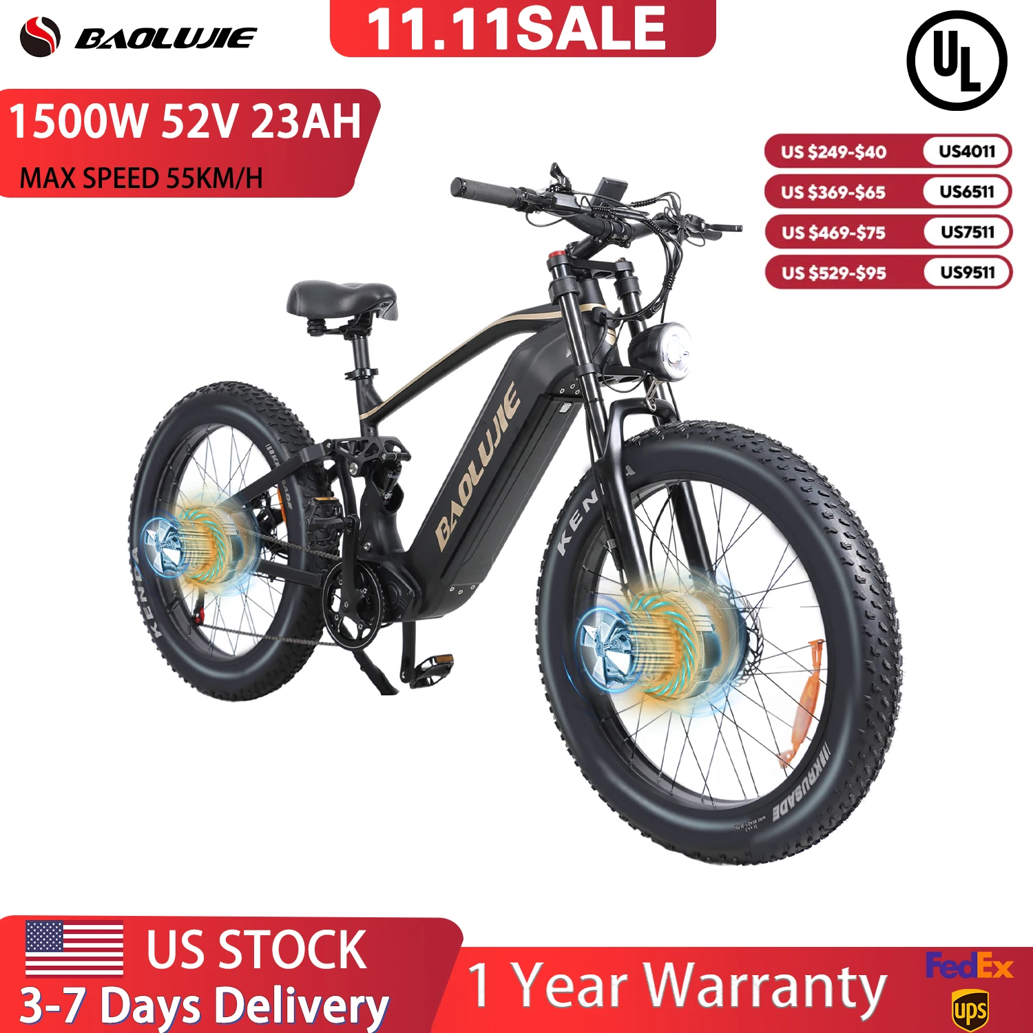 

【1 Year Warranty】BAOLUJIE P2 Electric Bike AWD 1500W Mountain E-bike 52V23AH Battery 55KM/H All-Terrain Adult Electric Bicycle
