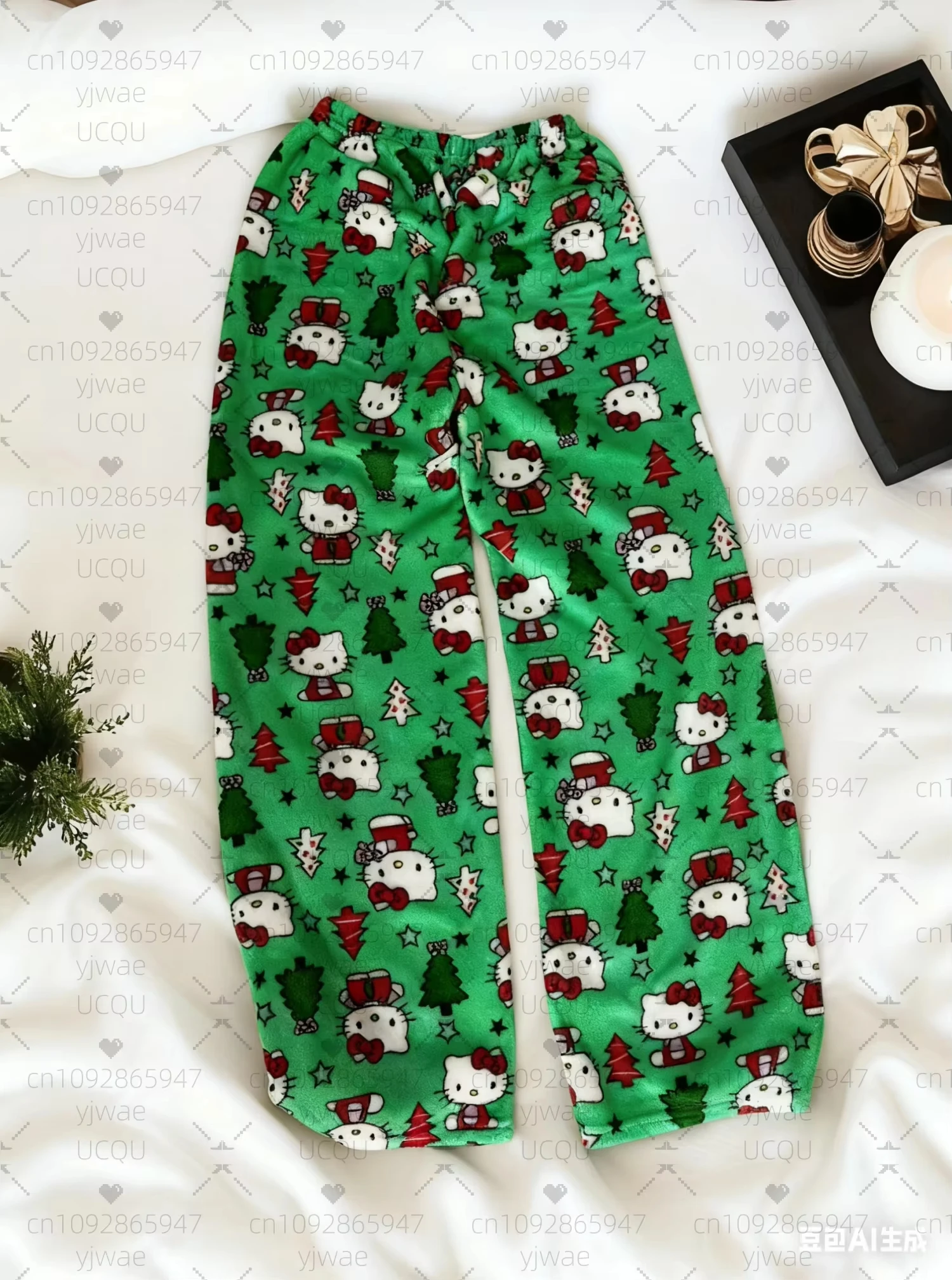 

2025 Winter Women Hello Kitty Christmas Tree plush Pajama Pants Soft Trousers Cute Women Casual Home Anime Cartoon Pajama Pants
