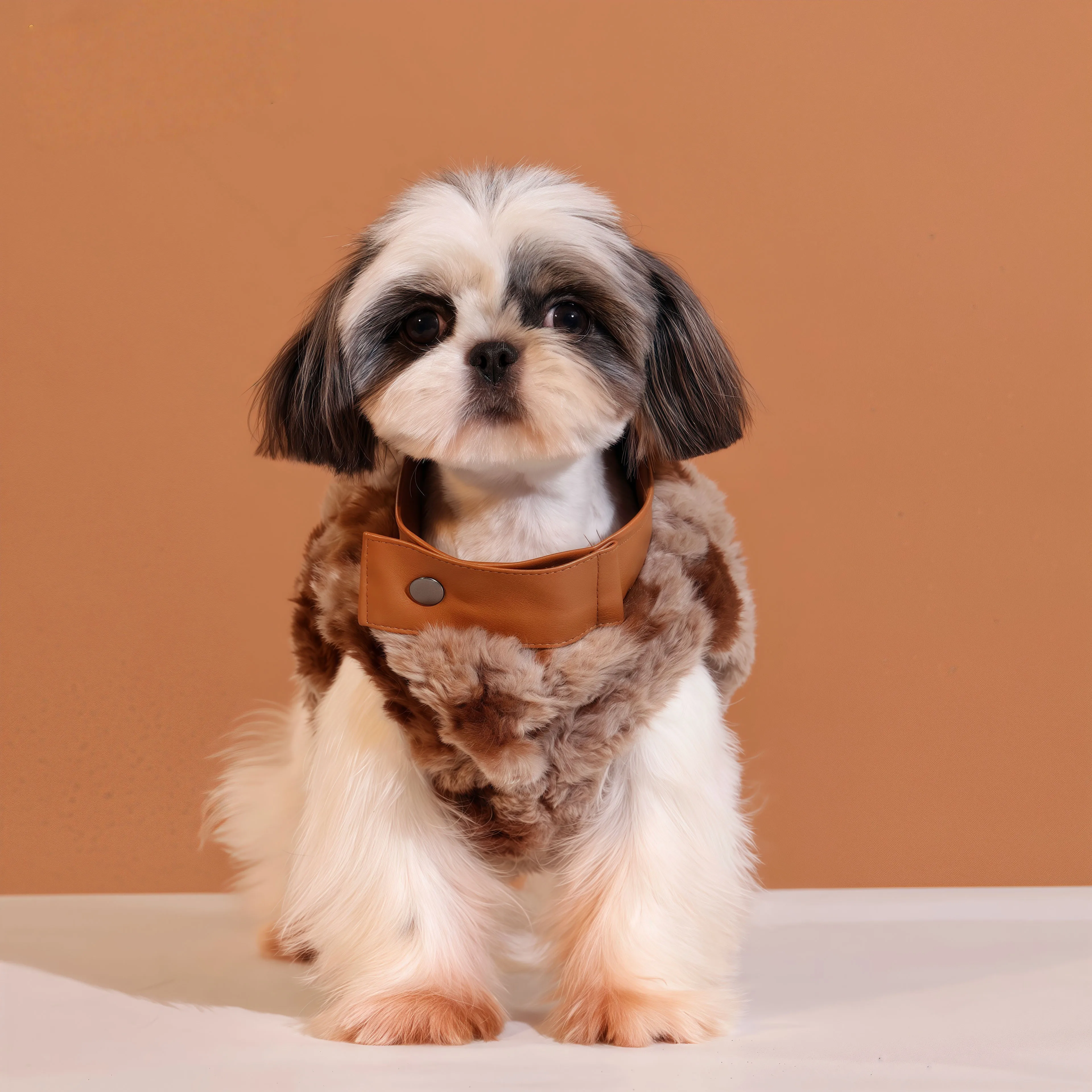 

Dog winter clothes Warm faux fur dog jacket leather trim collar cold weather small breed two legged outerwear Costume for dog