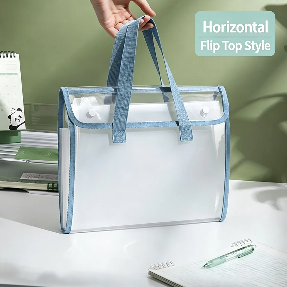 Horizontal Flip Expanding File Folder, Transparent PVC A4 Document Organizer, Handheld Storage Bag, Back to School Office Holder