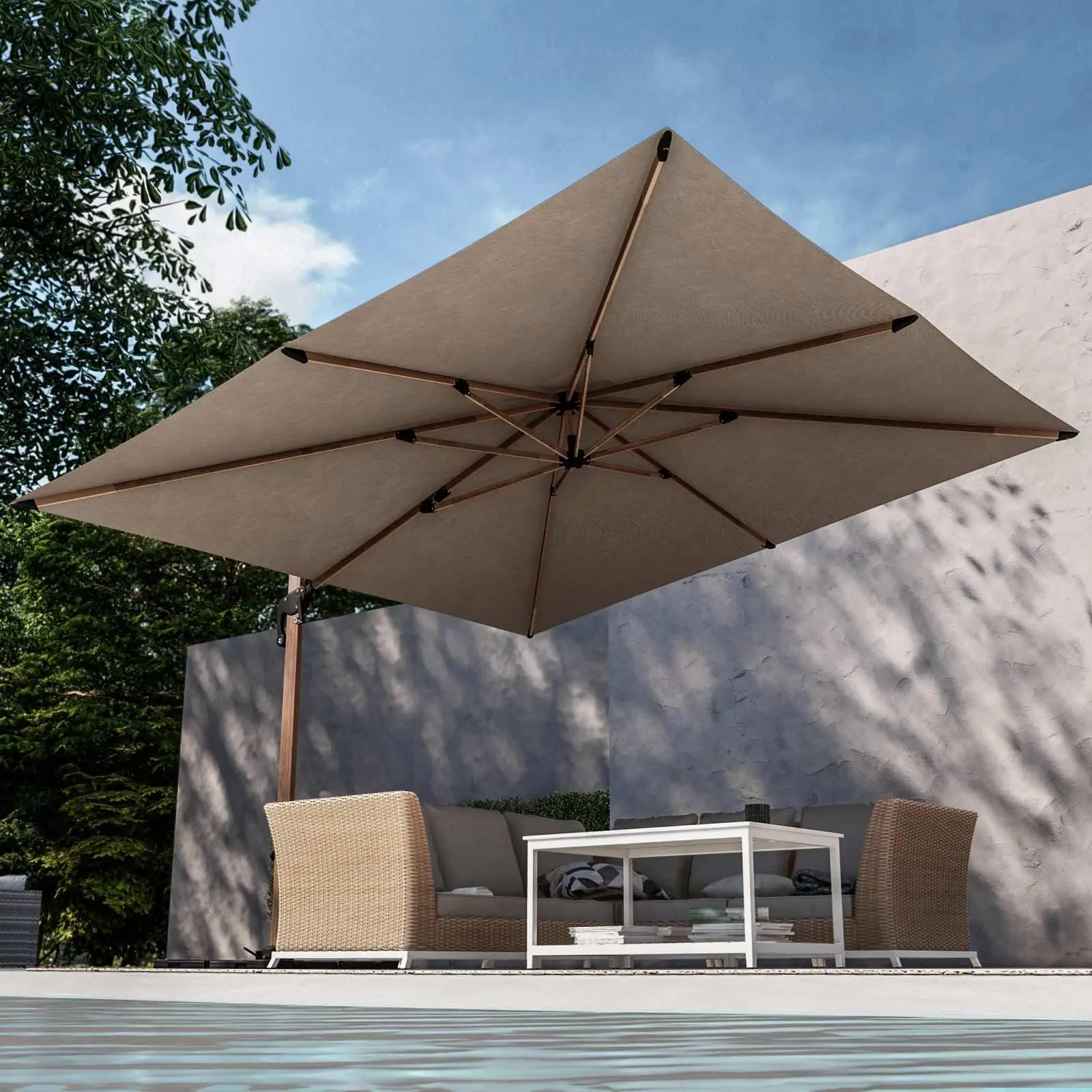 3 X 3m Wooden effect aluminum cantilever parasol side bars 10ft square offset patio parasol with tilted swivel cross base