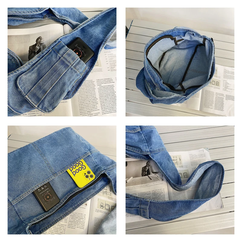 Sac à main en denim réutilisable pour femme, sac à bandoulière en toile pour femme, sac à provisions unisexe, sacs de voyage initiés, jeans,